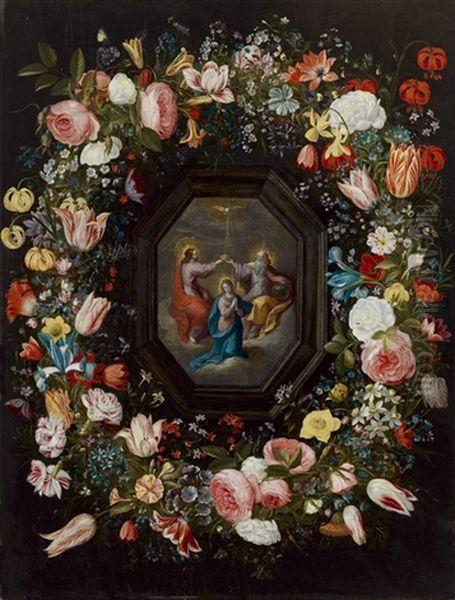 Blumenkranz Um Eine Kronung Mariens Oil Painting by Andries Daniels or Danielsz