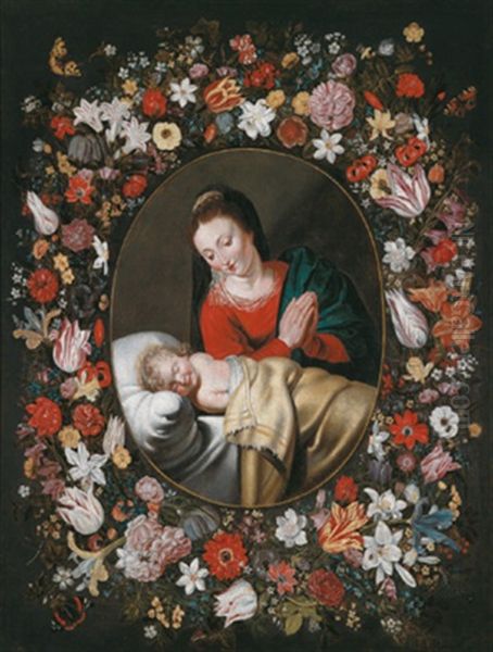 Die Madonna Mit Dem Schlafenden Christusknaben In Einem Kranz Aus Rosen, Tulpen, Lilien Und Anderen Blumen Oil Painting by Andries Daniels or Danielsz