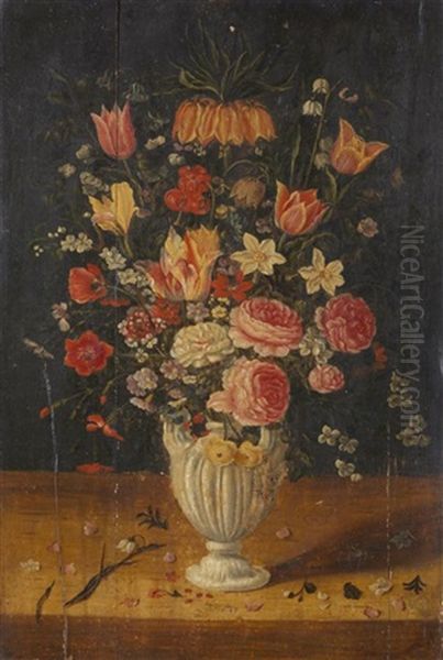 Nature Morte Au Bouquet De Fleurs Dans Un Vase Sculpte Sur Un Entablement Oil Painting by Andries Daniels or Danielsz