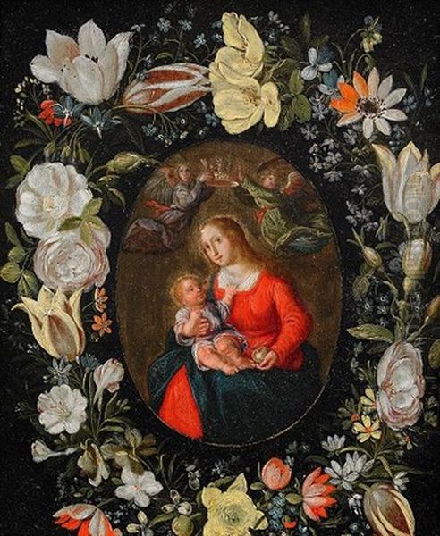 Maria Och Barnet I Blomsterguirland Oil Painting by Andries Daniels or Danielsz