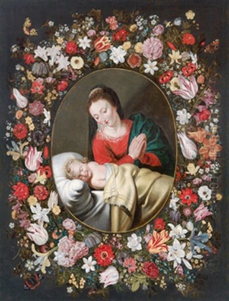 Maria Mit Schlafendem Jesusknaben In Einem Blumenkranz Oil Painting by Andries Daniels or Danielsz
