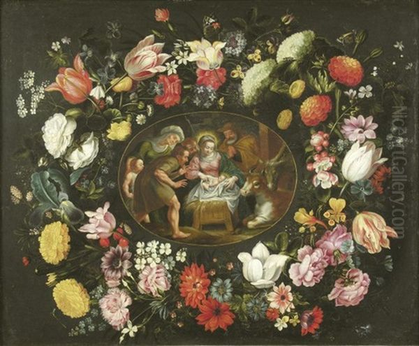 Scene De Le Naissance Entourees De Guirlande De Fleurs Oil Painting by Andries Daniels or Danielsz