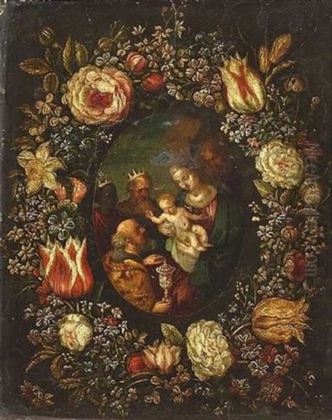 Blumenkranz Um Ein Medaillon Mit Der Anbetung Der Konige Oil Painting by Andries Daniels or Danielsz