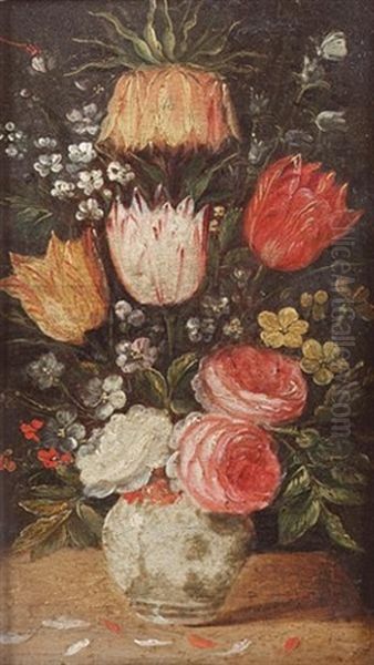 Tulips, Roses, Forget-me-nots And Other Flowers In A Blue And White Porcelain Vase On A Table Oil Painting by Andries Daniels or Danielsz