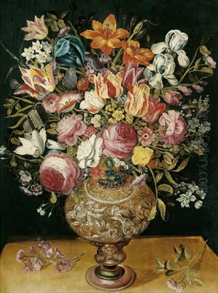 Groser, Dekorativer Blumenstraus Mit Tulpen, Rosen Und Anderen Bluten In Einer Plastisch Verzierten Prunkvase Oil Painting by Andries Daniels or Danielsz