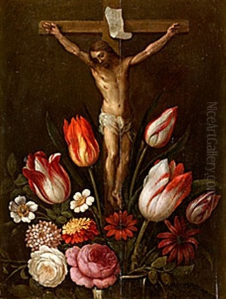 Kristus Pa Korset Omgiven Av Blommor Oil Painting by Andries Daniels or Danielsz