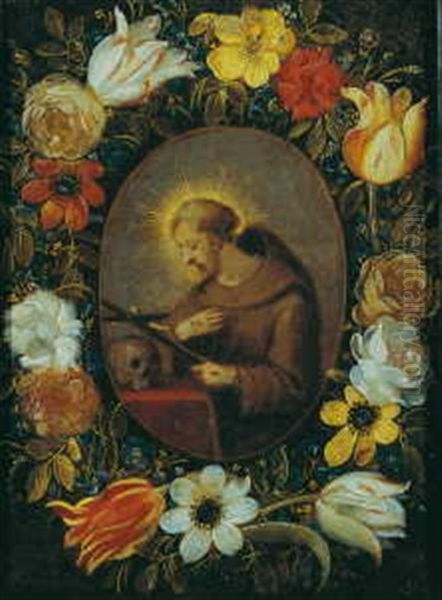Blumenkranz Um Ein Bild Mit Betendem Heiligen Oil Painting by Andries Daniels or Danielsz