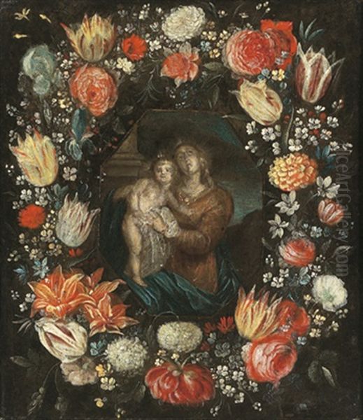 Maria Mit Kind Im Blumenkranz, Die Figuren Stammen Wahrscheinlich Von Cornelis Schut Oil Painting by Andries Daniels or Danielsz