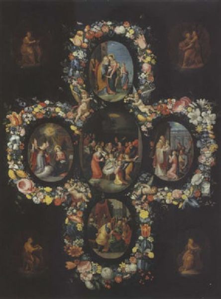 Scenes De La Vie De La Vierge Entourees De Guirlandes De Fleurs Oil Painting by Andries Daniels or Danielsz