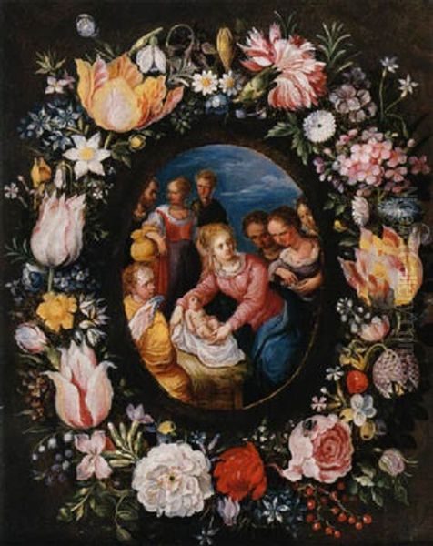 Guirlande De Fleurs Entourant Un Medaillon Central Representant La Nativite Oil Painting by Andries Daniels or Danielsz