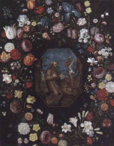 Blumengirlande Mit Dem Heiligen Franziskus Oil Painting by Andries Daniels or Danielsz