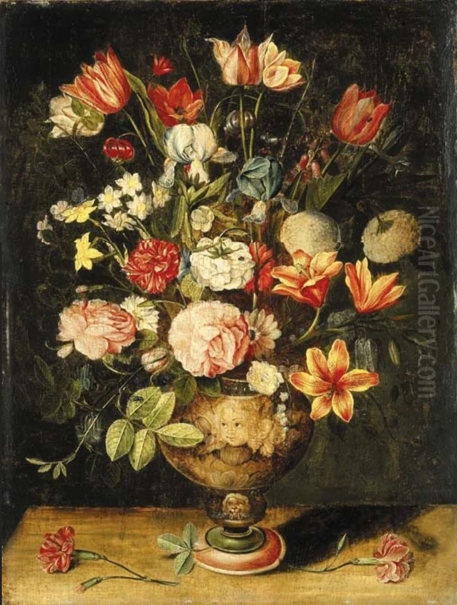 Tulips, Irises, Roses, Carnations, Lilies, Narcissi And Other Flowers In A Sculpted Urn On A Table Oil Painting by Andries Daniels or Danielsz