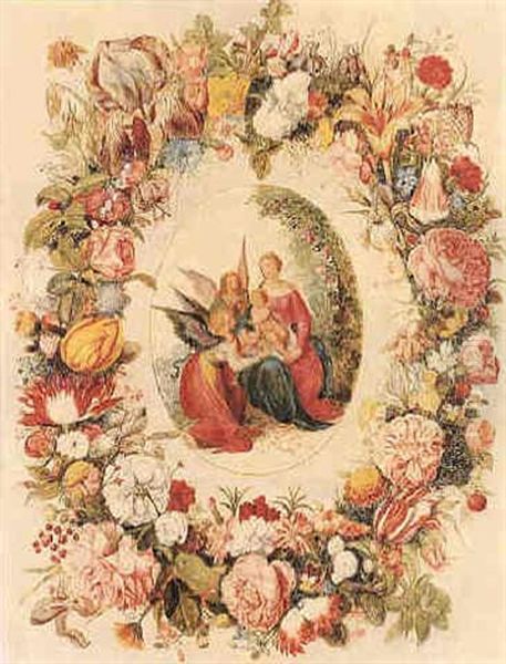 La Vierge A L'enfant Servie Par Les Anges Dans Une Guirlande Des Fleurs Sur Fond Creme Oil Painting by Andries Daniels or Danielsz