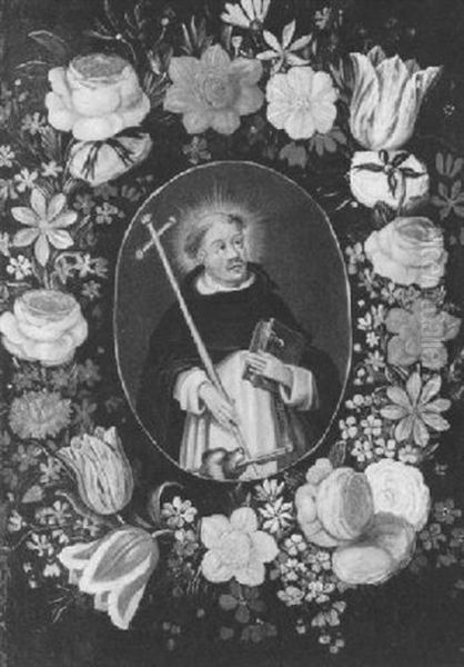 Der Heilige Dominikus Mit Hund In Einer Blumenguirlande Oil Painting by Andries Daniels or Danielsz