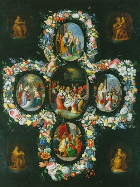 Scenes De La Vie De La Vierge Entourees D'une Guirlande De Fleurs Oil Painting by Andries Daniels or Danielsz