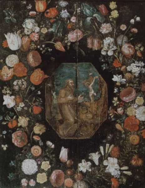 Saint Francis Of Assisi Adoring The Crucifix Within A Garland Of Flowers Oil Painting by Andries Daniels or Danielsz