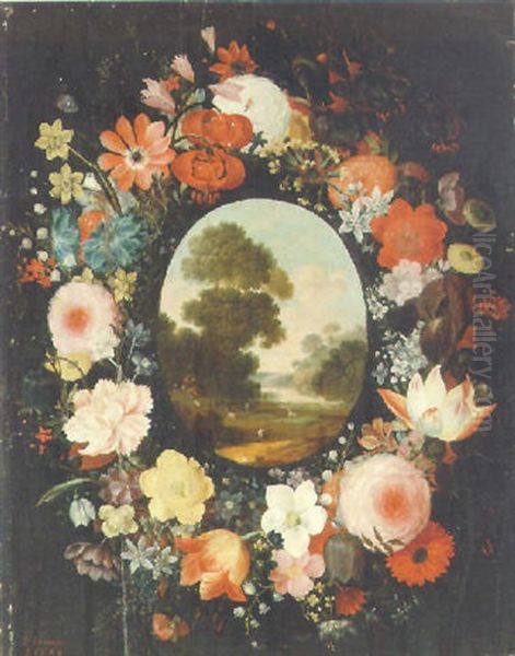A Pastoral Landscape Surrounded By A Wreath Of Flowers Oil Painting by Andries Daniels or Danielsz