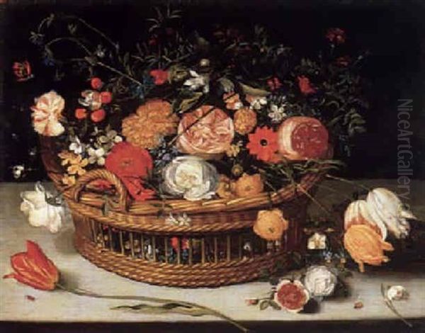 Blumenkorb Auf Einem Tisch Oil Painting by Andries Daniels or Danielsz