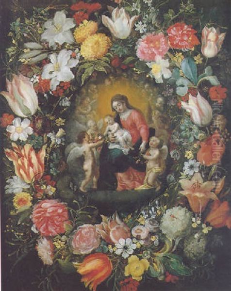 A Garland Of Flowers With The Madonna And Child Oil Painting by Andries Daniels or Danielsz