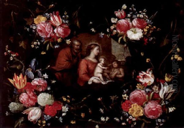 Die Heilige Familie Mit Johannes Dem Taufer In Einer Kartusche, Umgeben Von Einer Blumengirlande Oil Painting by Andries Daniels or Danielsz