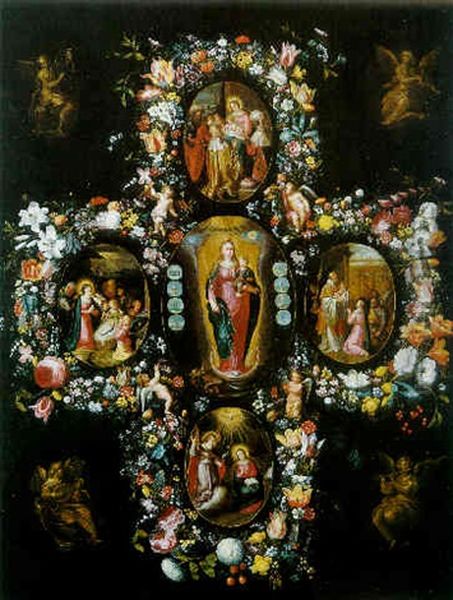 Guirlande De Fleurs Entourant Des Scenes De La Vie Du Christ Oil Painting by Andries Daniels or Danielsz