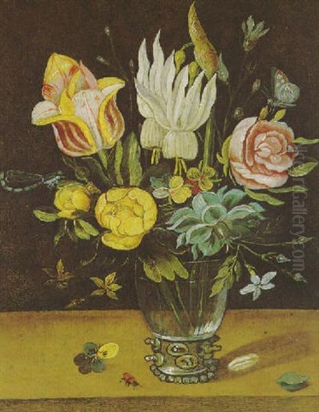Blumenstraus In Einer Glasvase Auf Einer Tischplatte Oil Painting by Andries Daniels or Danielsz