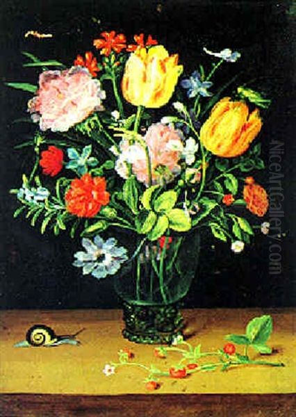 Ein Blumenstraus In Einer Vase, Erdbeeren, Einer Heuschrecke Und Einer Schnecke Oil Painting by Andries Daniels or Danielsz