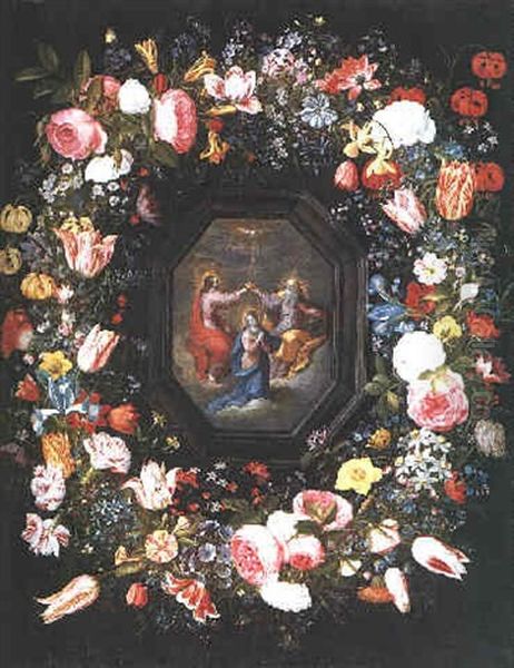 A Garland Of Lilies, Roses, Carnations, Tulips, Irises, A Fritillary And Other Flowers Surrounding A Painting Of The Coronation Of The Virgin Oil Painting by Andries Daniels or Danielsz