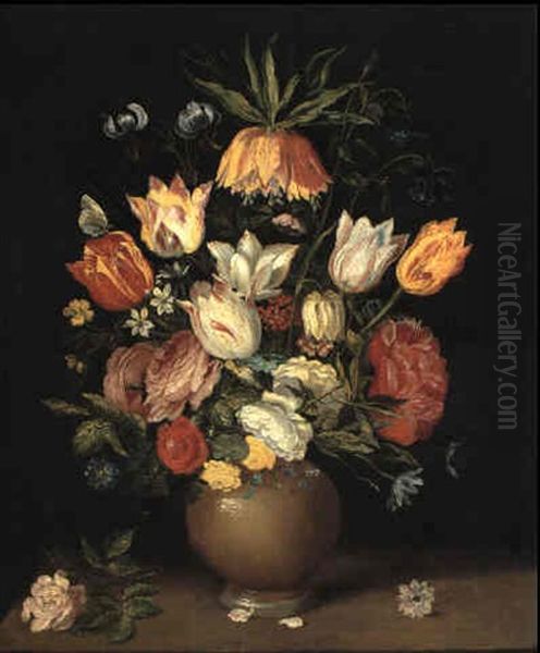 Crown Imperial Lily And Other Flowers In An Earthenware Vase On A Ledge Oil Painting by Andries Daniels or Danielsz