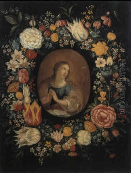 Blumenkranz Um Ein Medaillon Mit Der B_senden Maria Magdalena Oil Painting by Andries Daniels or Danielsz