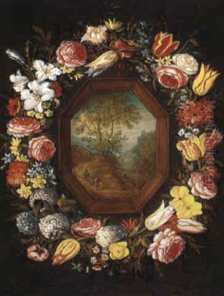 Blumenkranz Um Landschaftsausschnitt Oil Painting by Andries Daniels or Danielsz