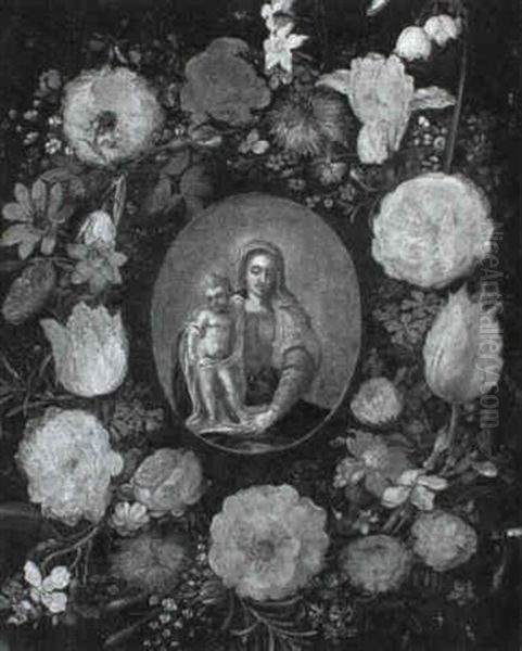 A Garland Of Flowers Surrounding A Cartouche Depicting The  Madonna And Child Oil Painting by Andries Daniels or Danielsz