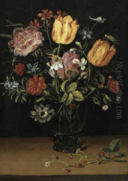 Vase Fleuri Et Branche De Fraisier Sur Un Entablement De Bois Oil Painting by Andries Daniels or Danielsz