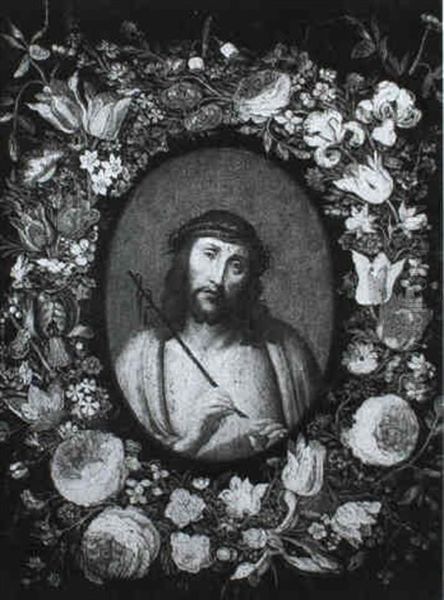 A Garland Of Flowers Surrounding...ecce Homo, On A Gold     Ground Oil Painting by Andries Daniels or Danielsz