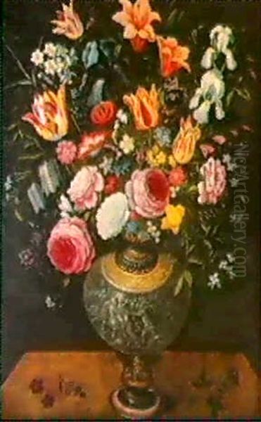 Tulipes, Roses Et Iris Presentes Dans Un Vase Pose Sur Un   Entablement Oil Painting by Andries Daniels or Danielsz