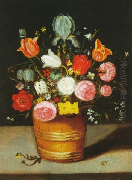 Still Life Of Flowers With Roses, Tulips And Iris In A      Wooden Tub Oil Painting by Andries Daniels or Danielsz