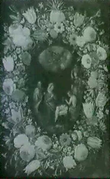 A Garland Of Flowers Surrounding An Oval Scene Of The       Nativity Oil Painting by Andries Daniels or Danielsz