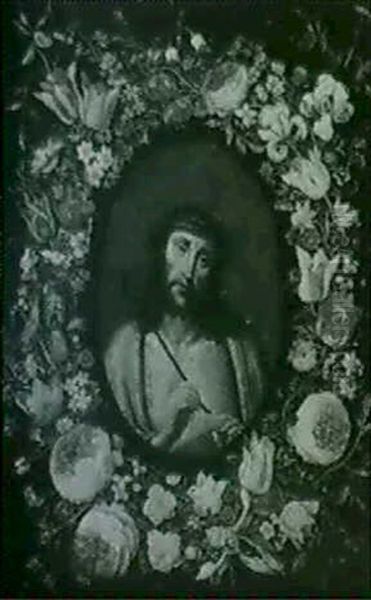 A Garland Of Flowers Surrounding An Image Of Ecce Homo      Painted On A Gold Ground Oil Painting by Andries Daniels or Danielsz
