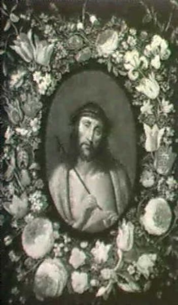 A Garland Of Flowers Surrpounding An Image Of Ecce Homo... Oil Painting by Andries Daniels or Danielsz