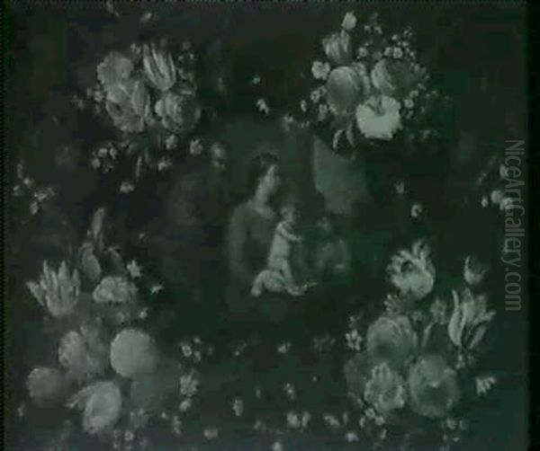 Couronne De Fleurs Autour D'une Sainte Famille Oil Painting by Andries Daniels or Danielsz