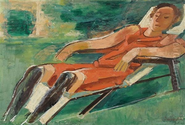 Frau Im Liegestuhl Oil Painting by Heinrich Danioth