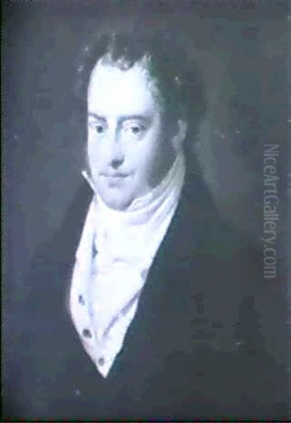 Portrait Of A Gentleman, Bust Length In A White Shirt And   Stock With A Yellow Waistcoat And Blue Coat Oil Painting by Henri-Pierre Danloux