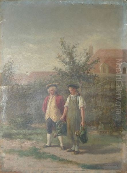 Conversation Au Jardin Oil Painting by Leon Marie Constant Dansaert
