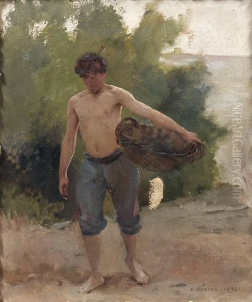 Homme Torse Nu Portant Un Panier Sur La Plage Oil Painting by Edouard Dantan