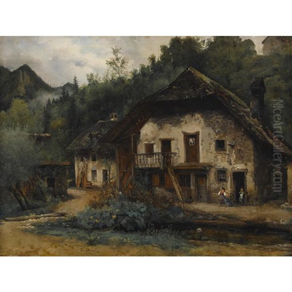 Altes Bauernhaus Mit Spinnerin Oil Painting by Victor-Marie-Felix Danvin