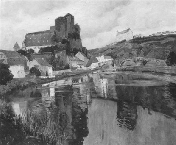 Blick Auf Runkel An Der Lahn Mit Der Burg Der Fursten Zu Wied Und Der Burg Schadeck Oil Painting by Ludwig Danziger