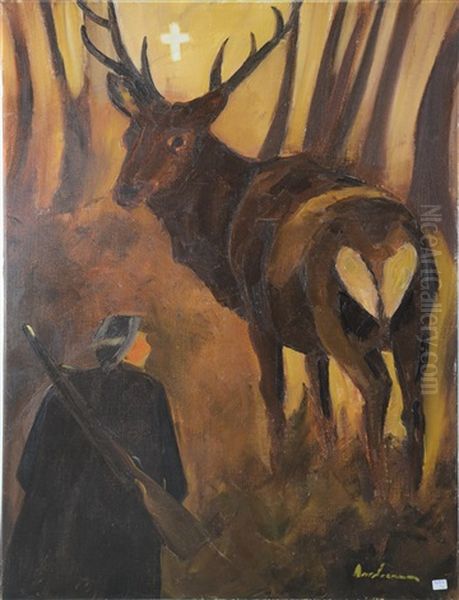 Paysage Ardennais Avec Chasseur Et Cerfs En Foret Oil Painting by Leon Dardenne
