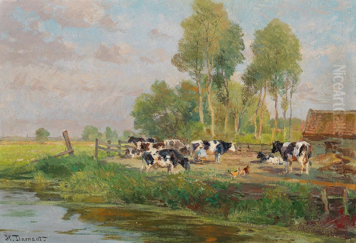 Cows In The Pasture Oil Painting by Hugo Darnaut