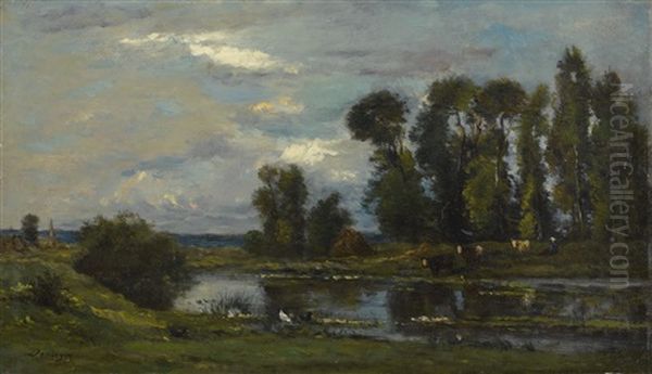 Paysan Au Bord De L'etang Oil Painting by Charles-Francois Daubigny