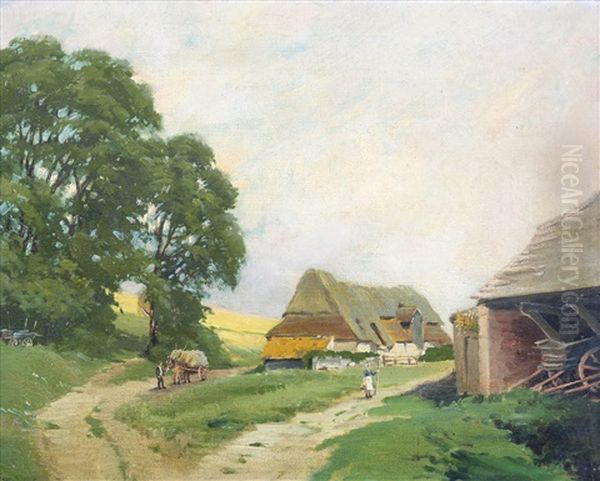 Fuhrwerk Vor Strohgedecktem Bauernhaus Oil Painting by Charles-Francois Daubigny